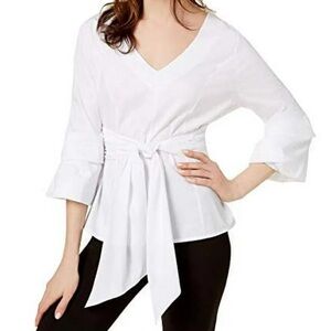 NWT $69 INC International Concepts Women's White Angel-Sleeve Tie-Front sz S